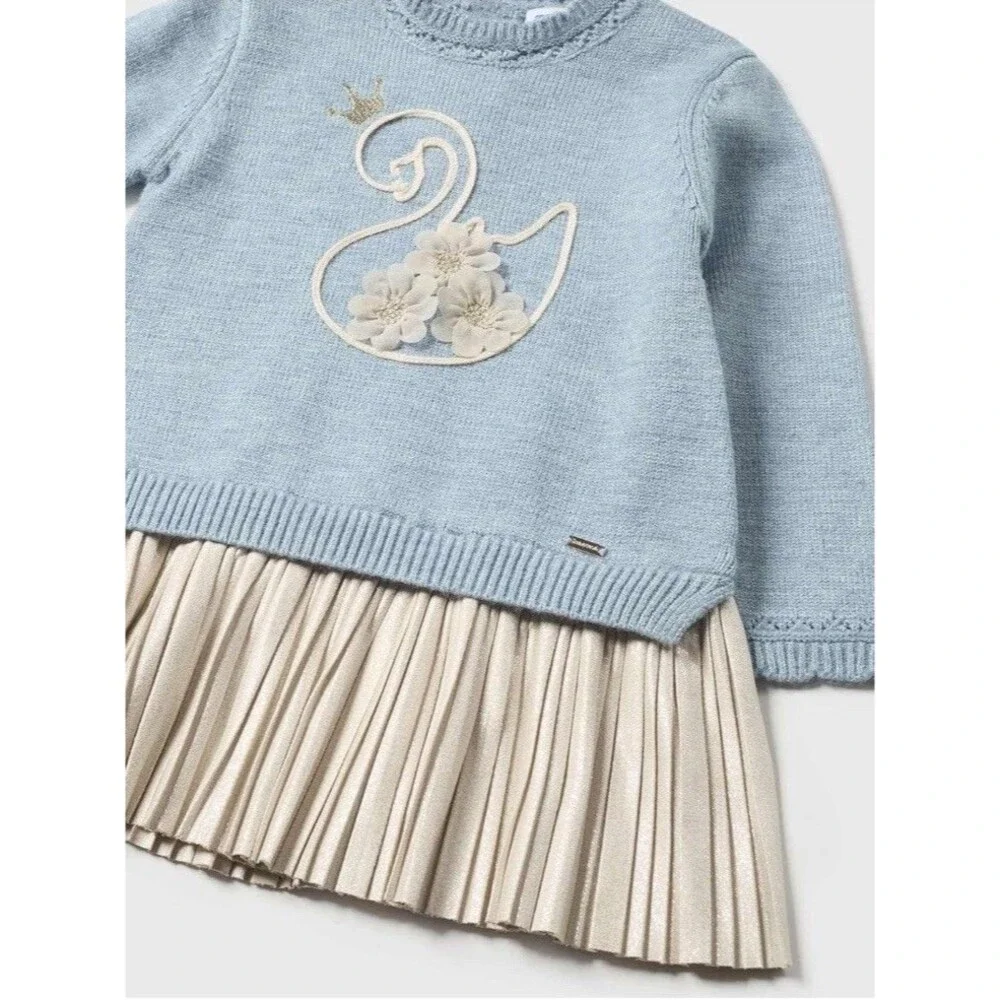 Mayoral Baby Girls Blue and Cream Knit Combined Dress with SWAN Applique